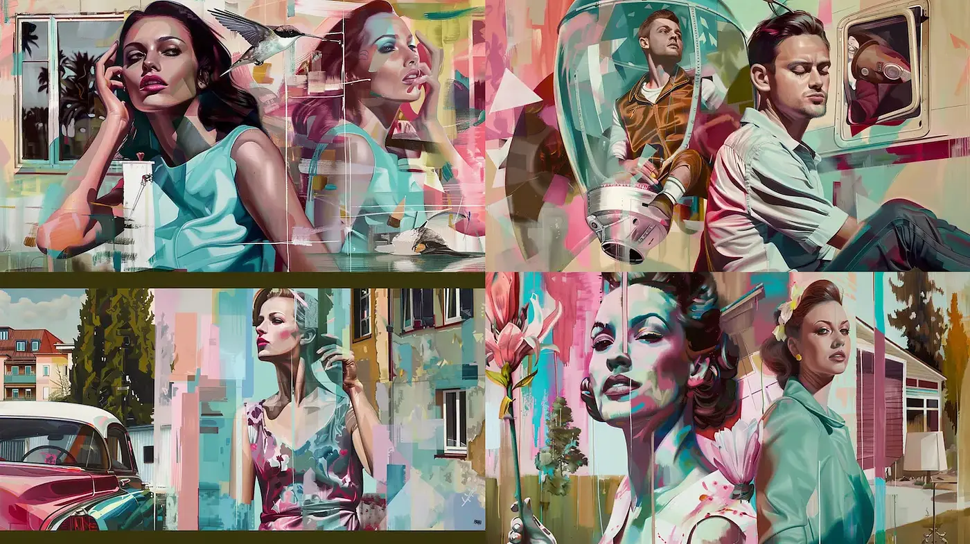 Vibrant Mid-Century Modern Glamour with a Pop of Color - Midjourney sref style