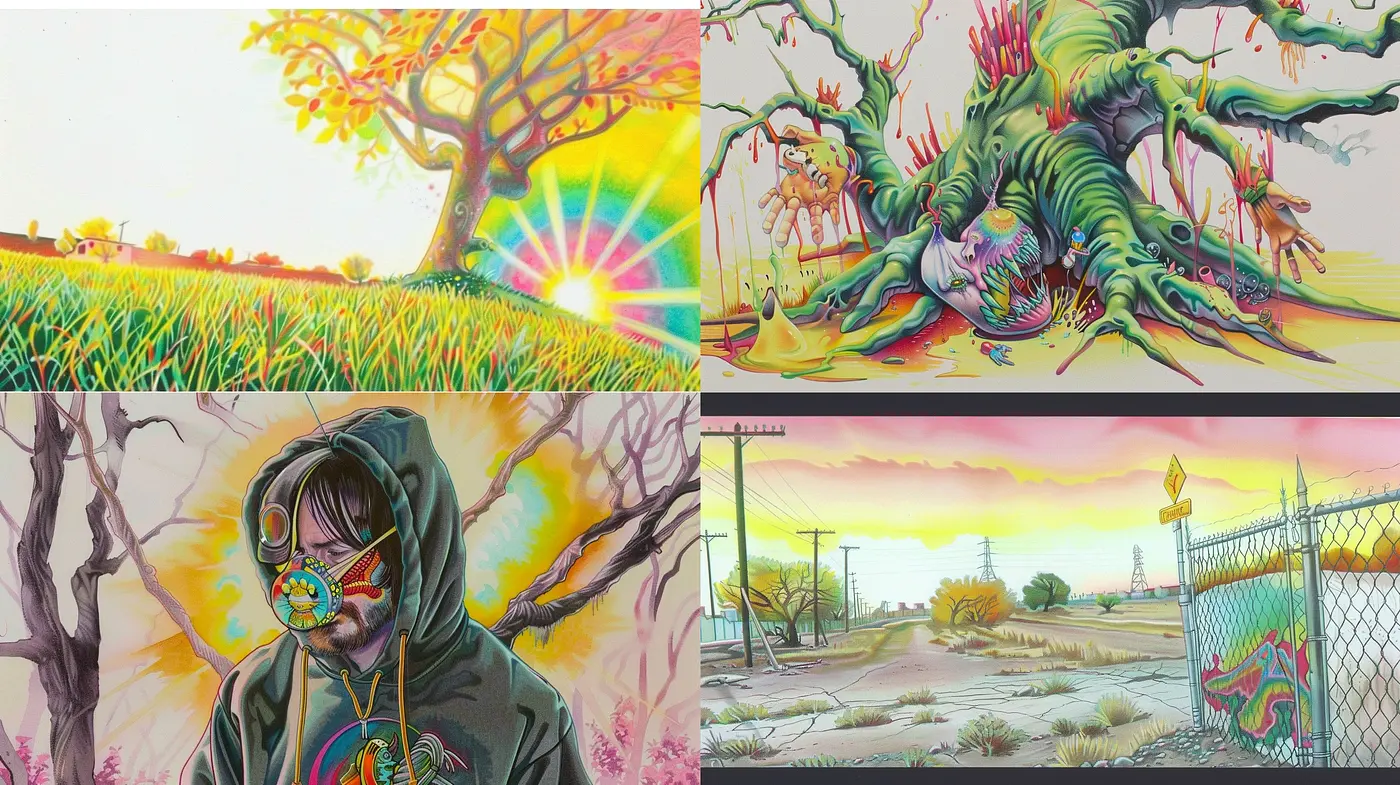 Psychedelic Reverie: A Vivid Fusion of Fantastical Elements and Surrealistic Hues - Midjourney sref style