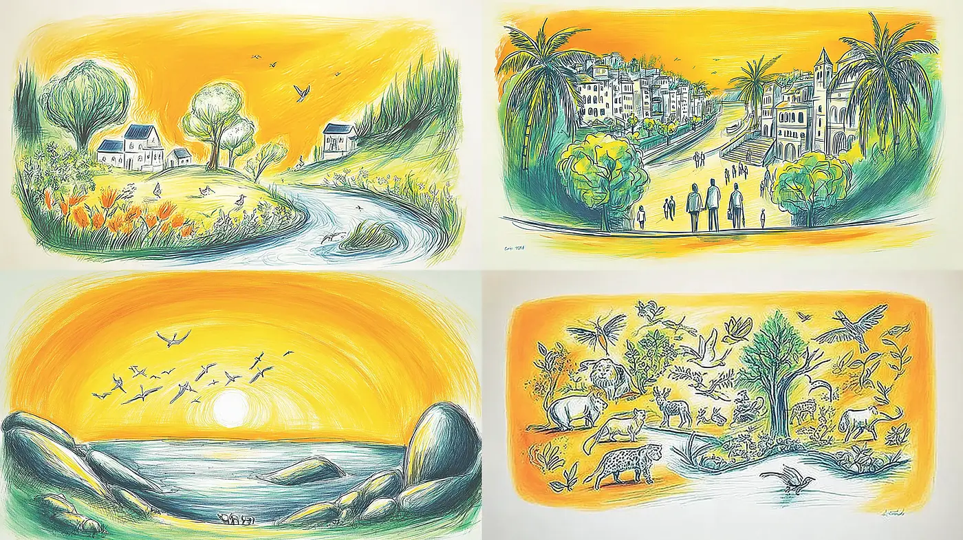 Vibrant and Playful Illustrative Landscape Style with Organic Elements - Midjourney sref style