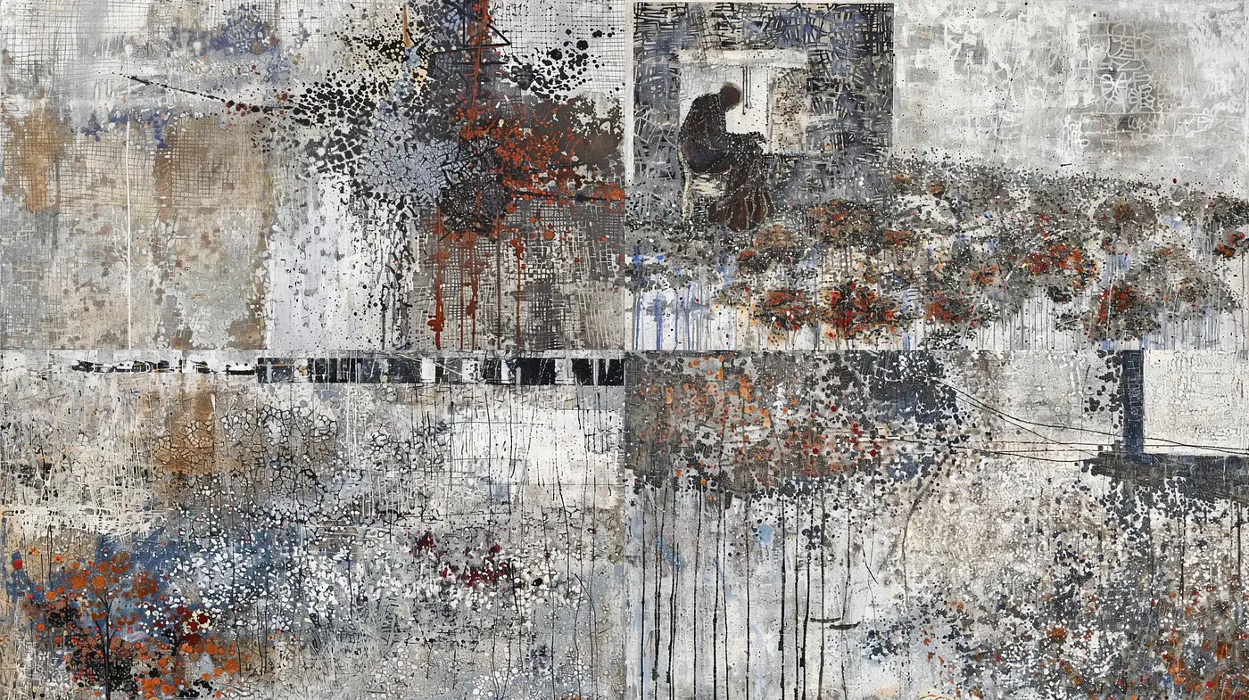 Abstract Textural Montage with Monochromatic and Rustic Overtones - Midjourney sref style