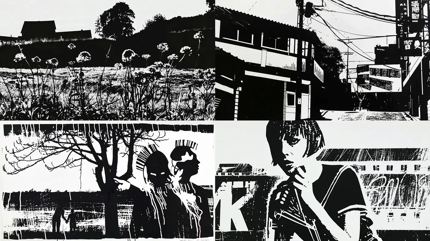 Stark Black and White Contrast with Gritty Textural Qualities - Midjourney sref style