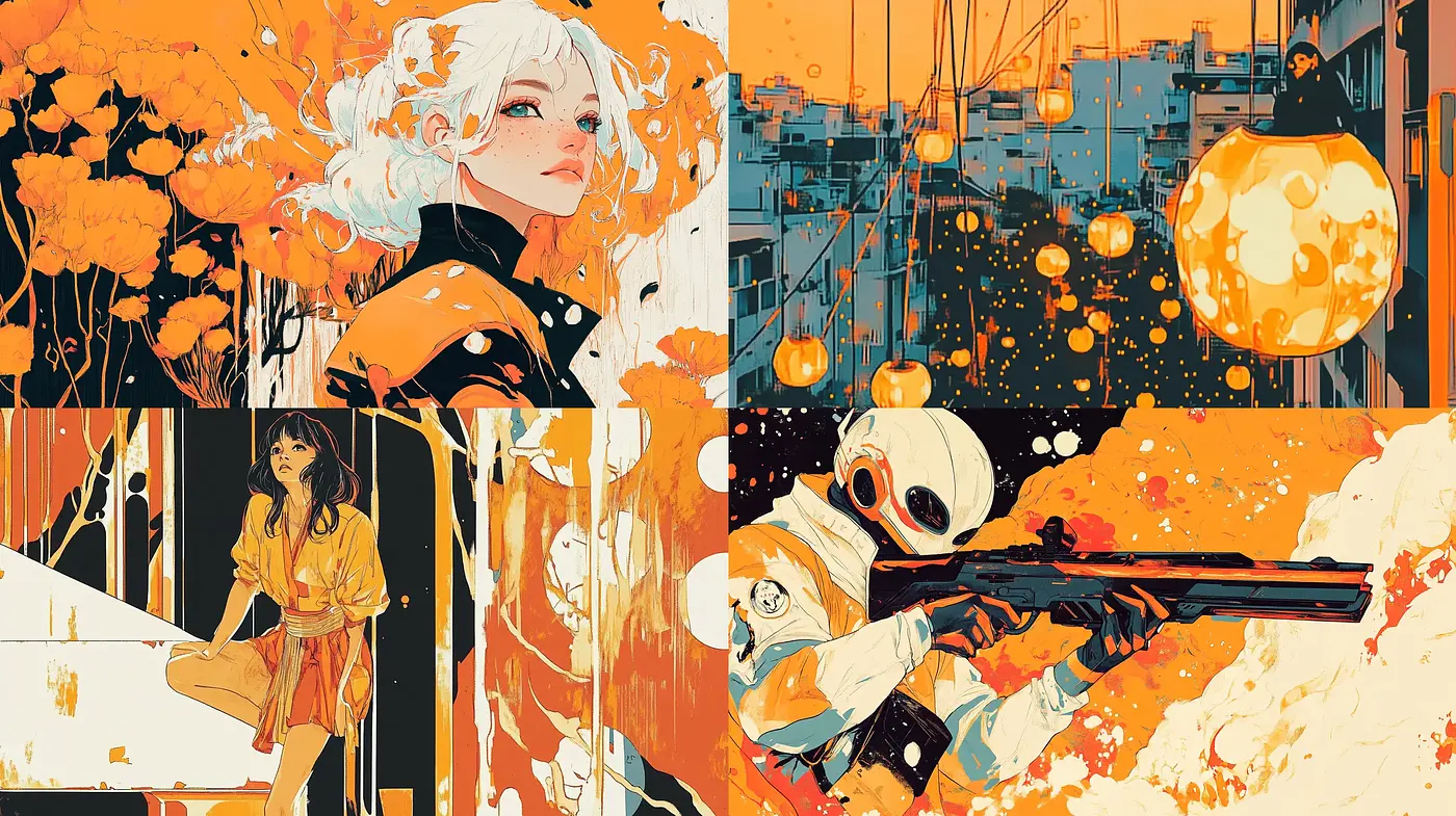Warm Tones and Dynamic Lines in Graphic Illustrative Art - Midjourney sref style