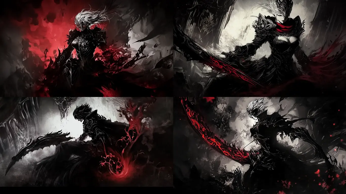 Ethereal Fury in Monochrome and Crimson - Midjourney sref style