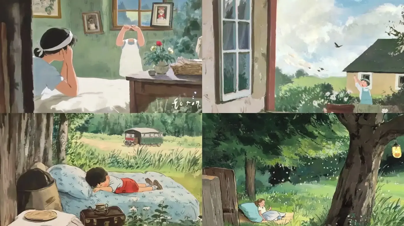 Idyllic Countryside Serenity - A Study in Ghibli-like Whimsy and Pastoral Shades - Midjourney sref style