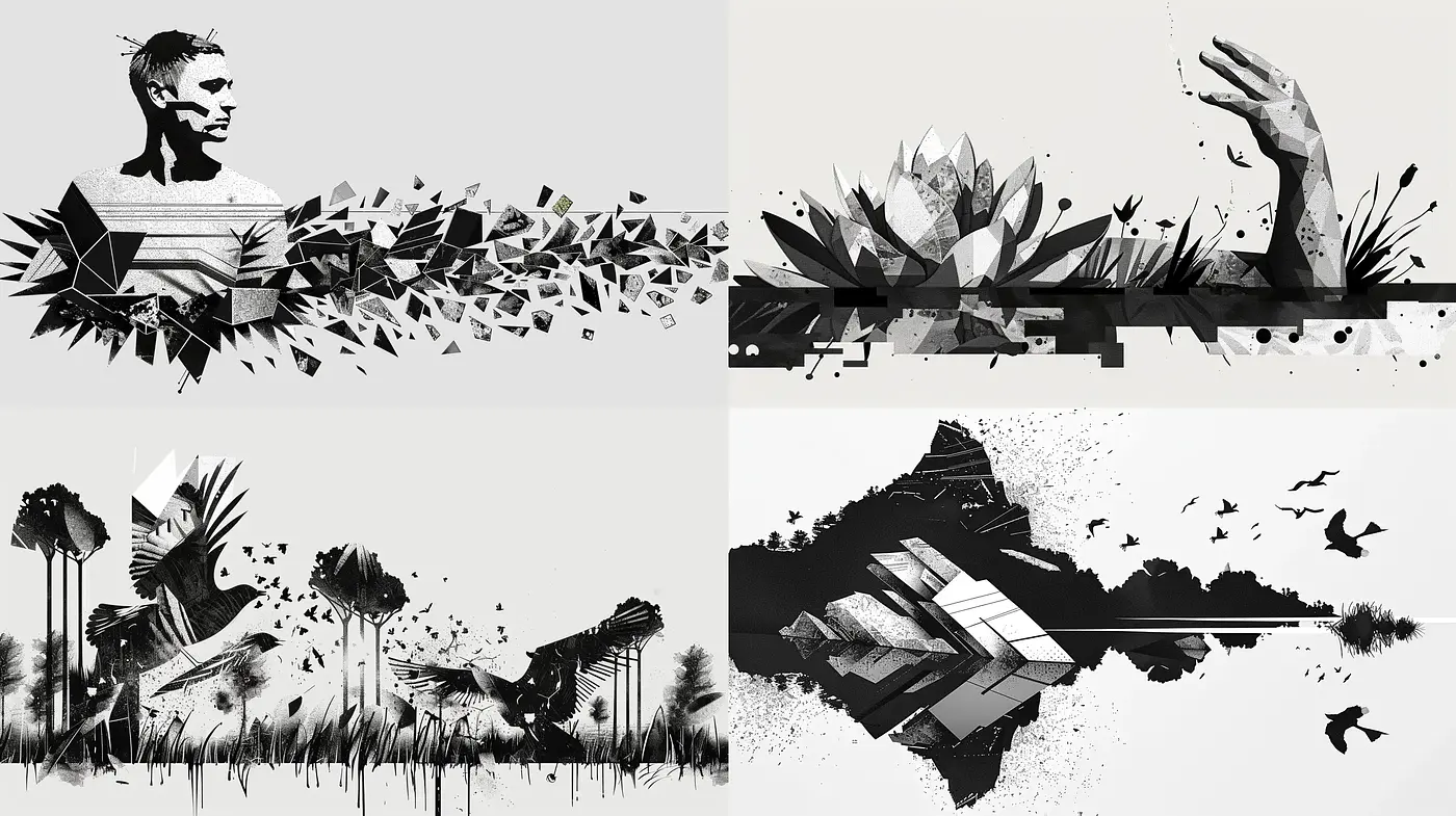 Monochromatic Fragmentation and Dynamic Geometric Abstractions - Midjourney sref style