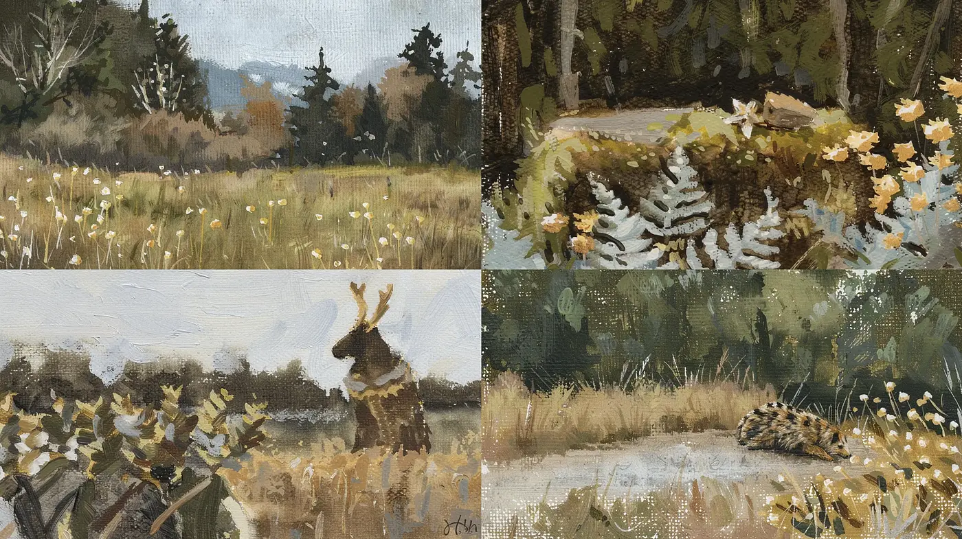 Tranquil Nature Scenes in Textured Brushwork - Midjourney sref style