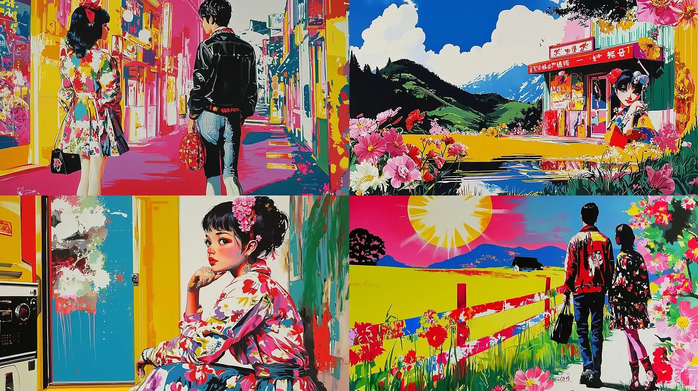 Vibrant Pop Art Fusion with Florid Landscapes and Urban Scenes - Midjourney sref style