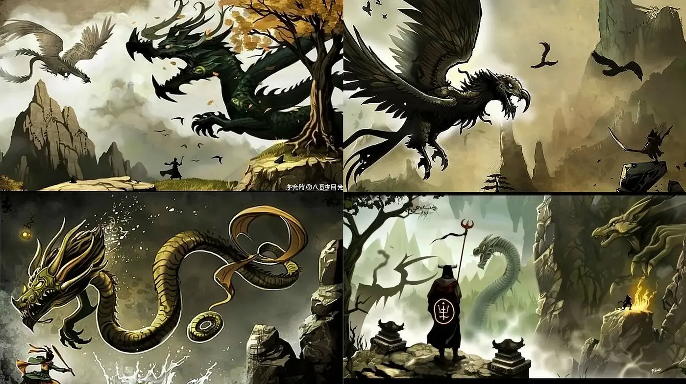 Epic Fantasy Illustration with Mythical Creatures and Atmospheric Landscapes - Midjourney sref style