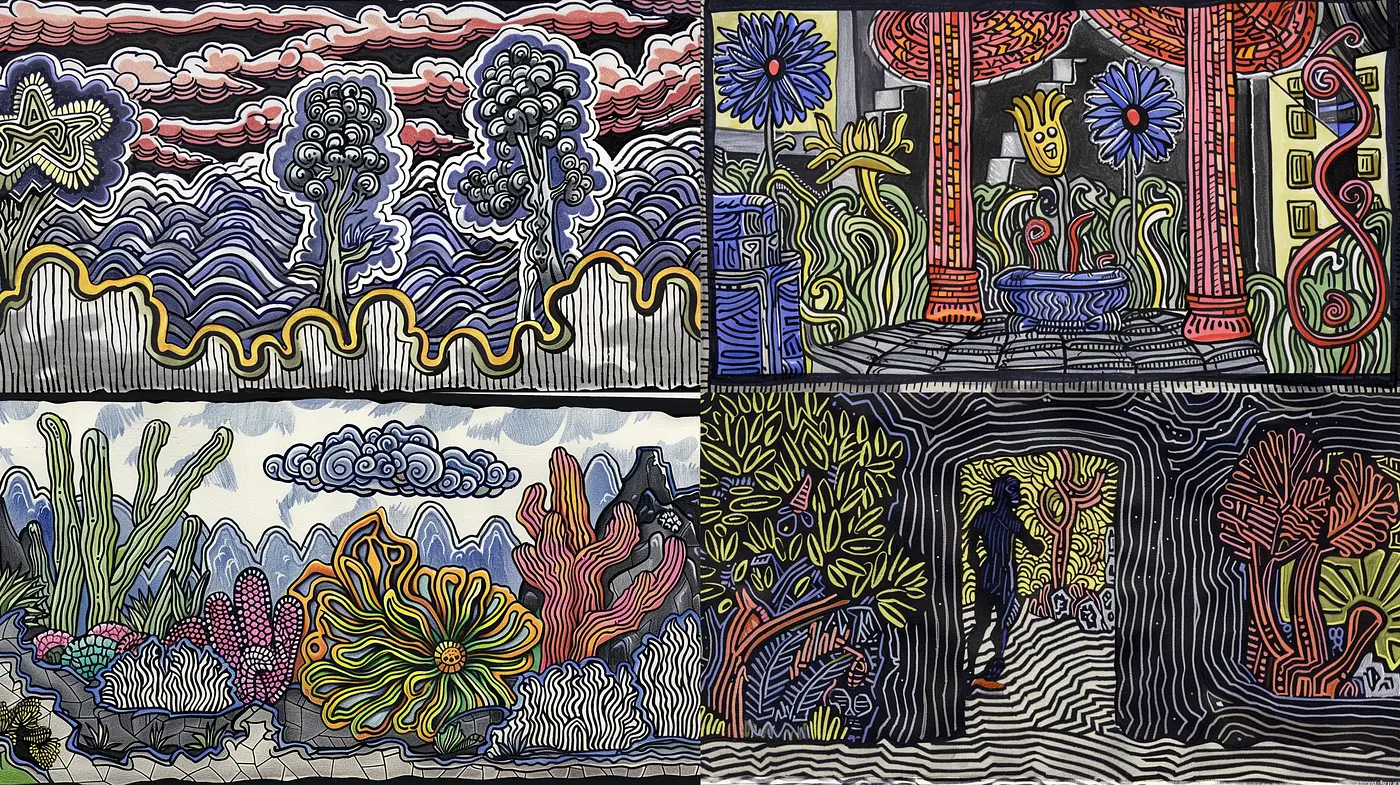 Abstract Linear Fusion with Enigmatic Color and Nature Motifs - Midjourney sref style