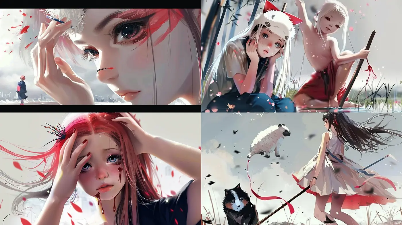Elegiac Anime-Inspired Digital Art with Ethereal Undertones and Vibrant Red Accents - Midjourney sref style