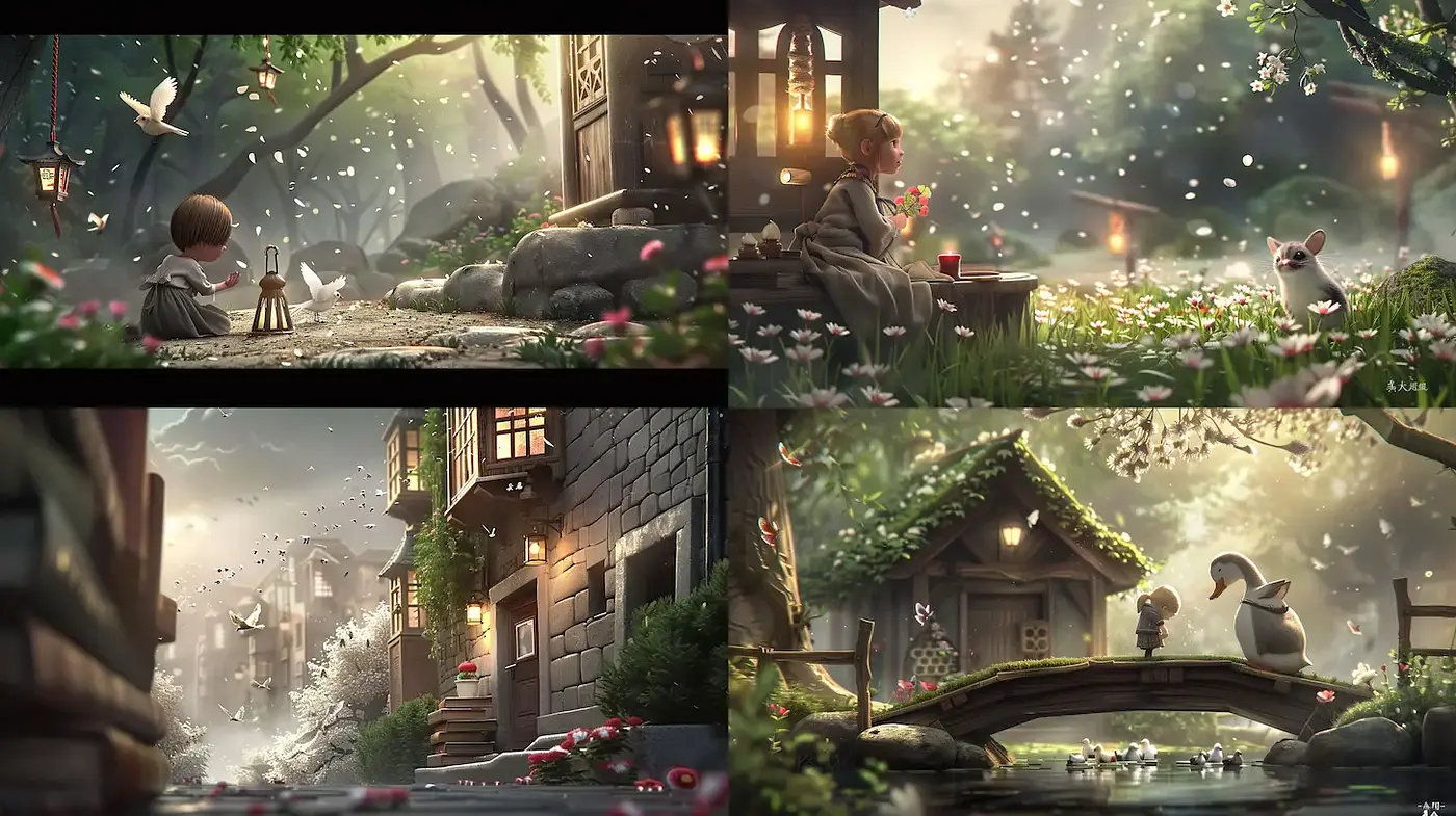 Whimsical fantasy landscapes with a hint of nostalgia and warmth - Midjourney sref style