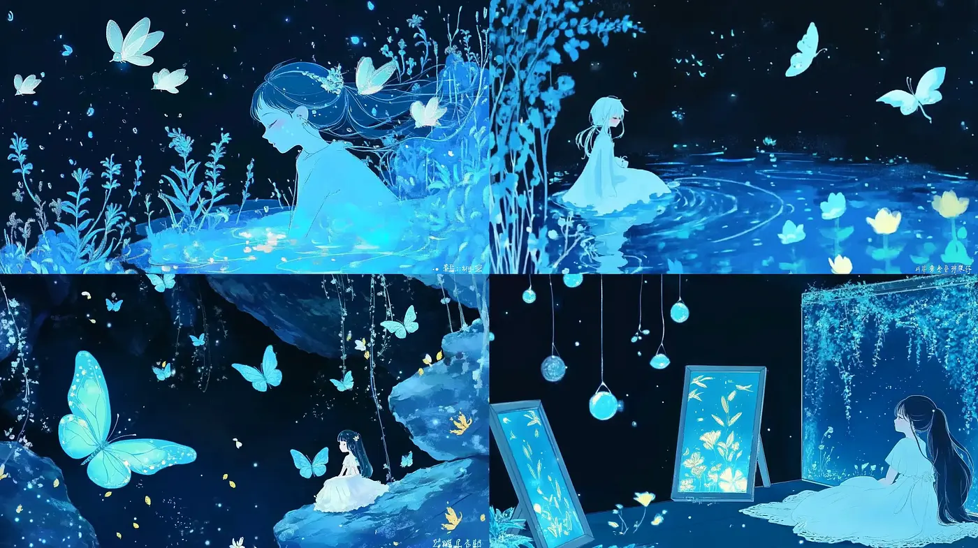 Ethereal Midnight Gardens: A Dreamlike Luminescent Blue Fantasy - Midjourney sref style