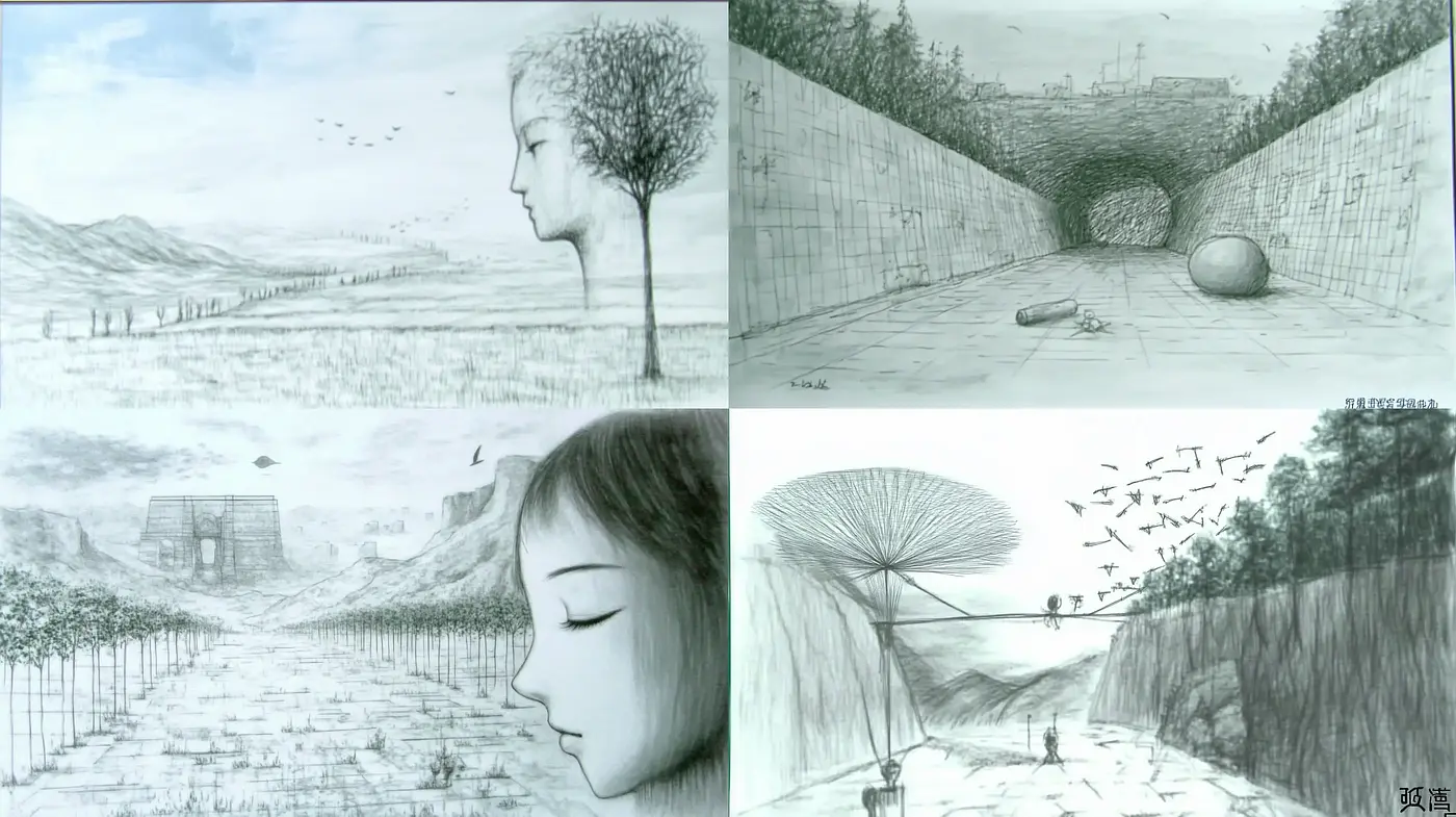 Monochromatic Sketchbook Dreamscapes - Midjourney sref style