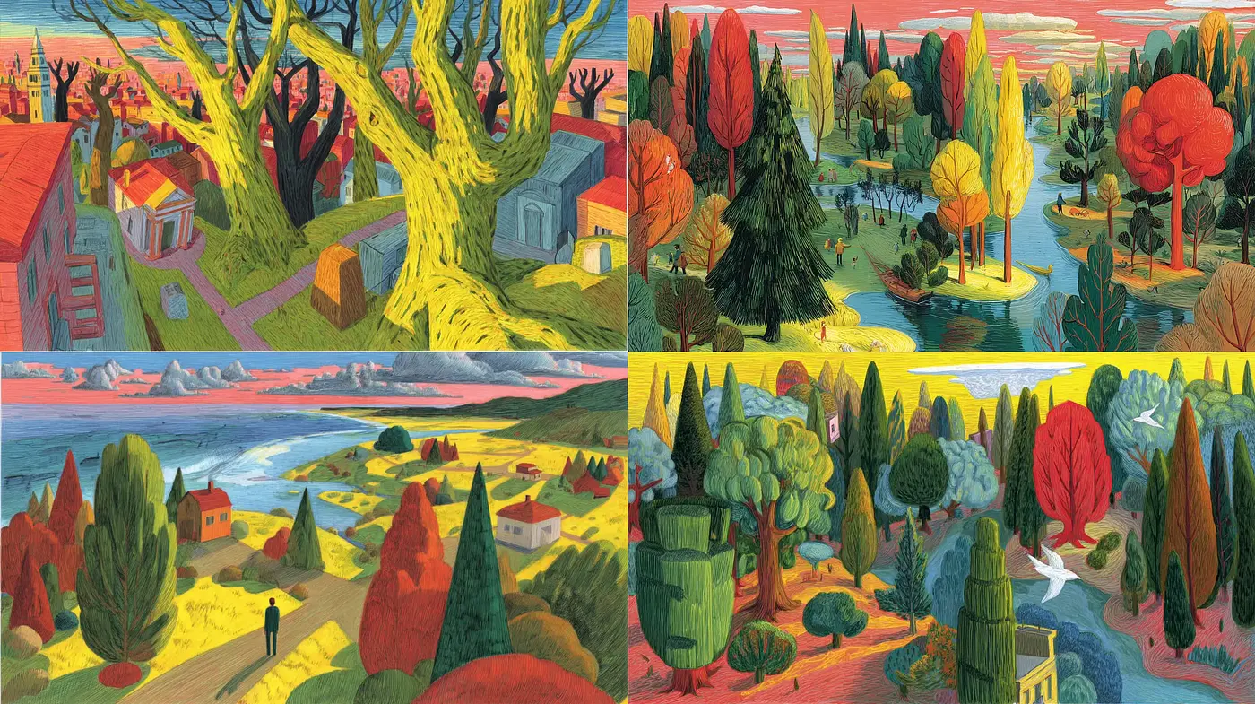 Vibrant and Whimsical Landscape Illustrations Inspired by Contemporary Art - Midjourney sref style