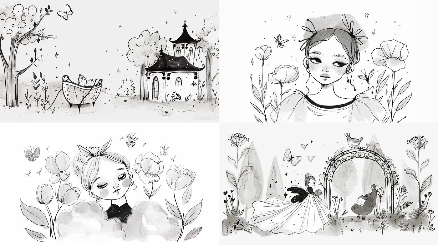 Monochromatic Whimsy: A Nostalgic Journey Through Delicate Line Work and Dreamy Illustrations - Midjourney sref style