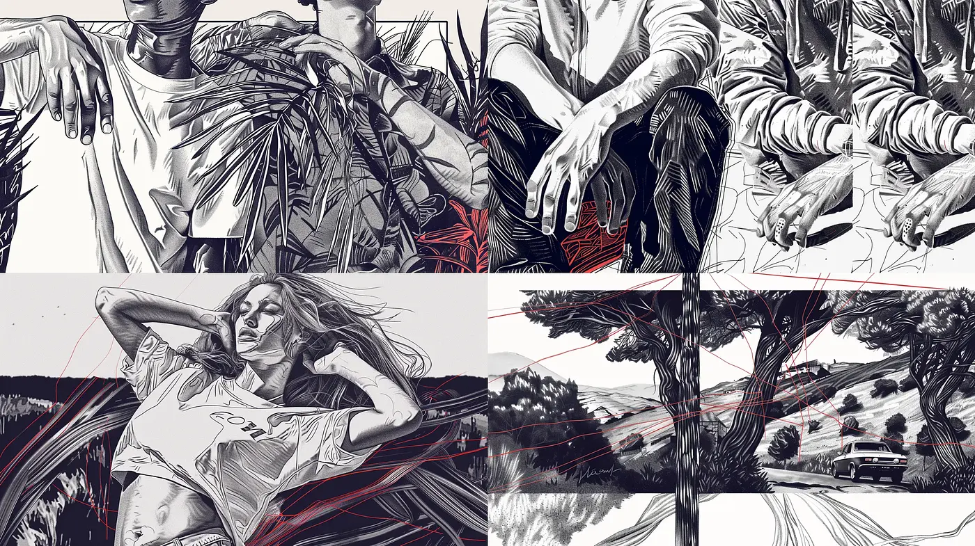 Monochromatic Elegance with Dynamic Red Accents in Graphite Illustrations - Midjourney sref style
