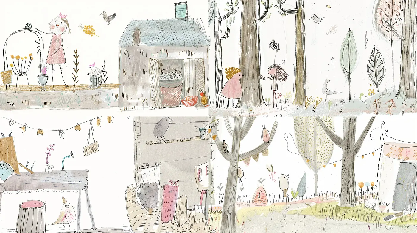 Whimsical Storybook Reverie: A Consistent Tapestry of Pastel Hues and Delicate Lines - Midjourney sref style