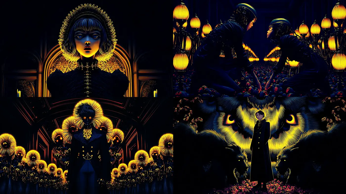 Dramatic and surreal dark fantasy art with mystical elements - Midjourney sref style