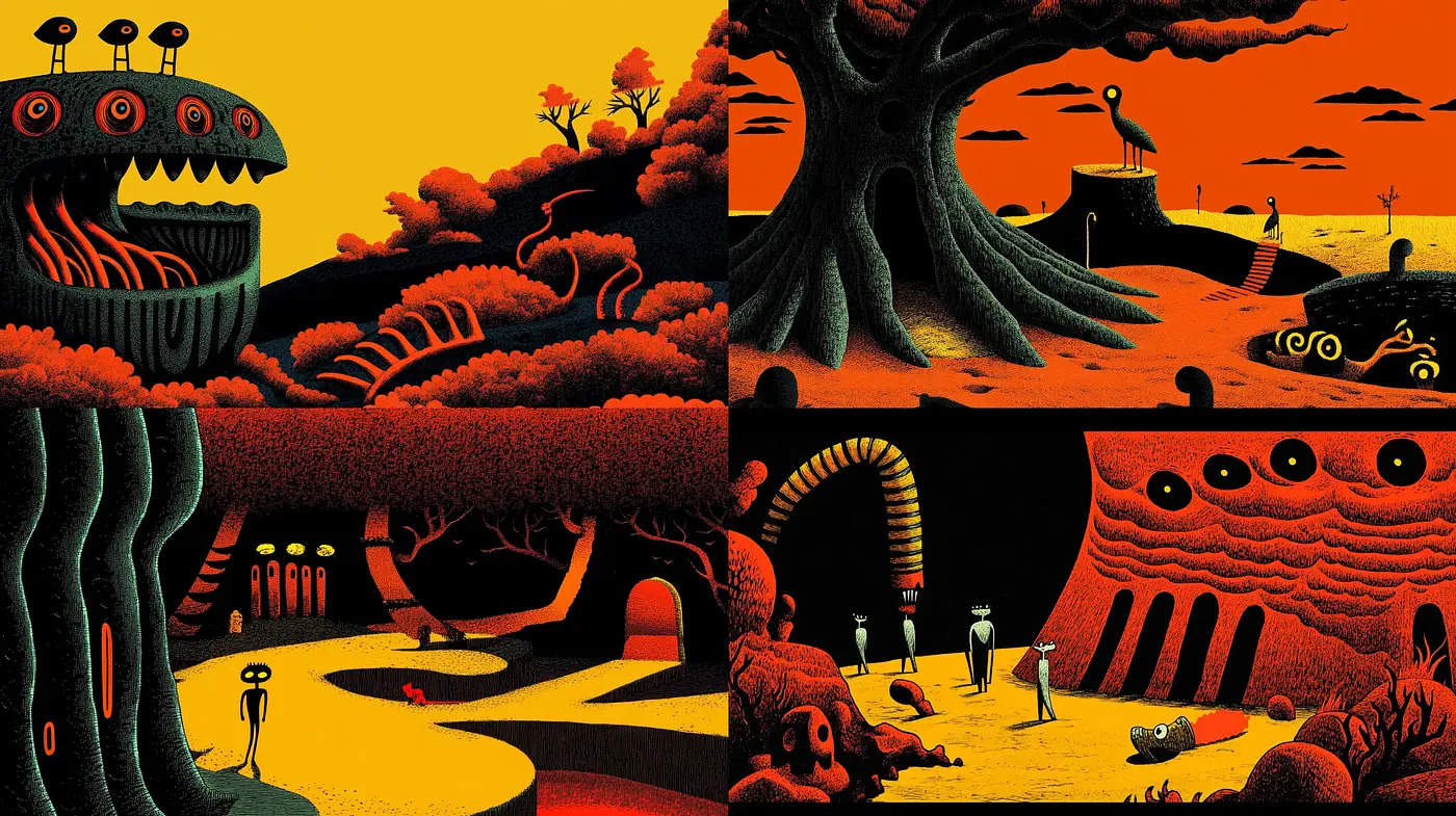 Surreal Nocturne Dreamscape in Warm and Dark Tones - Midjourney sref style