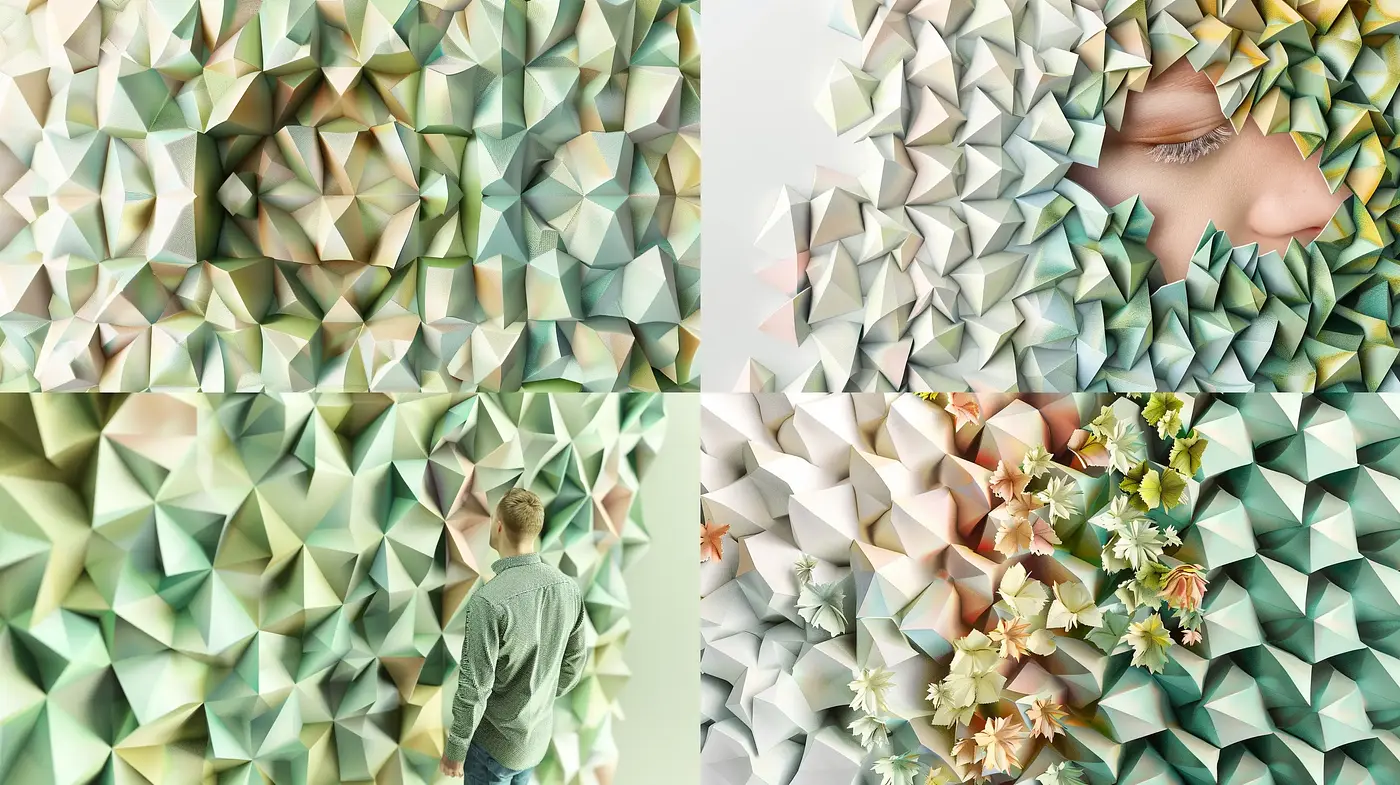 Geometric Blossom - An Exploration of Folded Paper Textures and Soft Nature Tones - Midjourney sref style