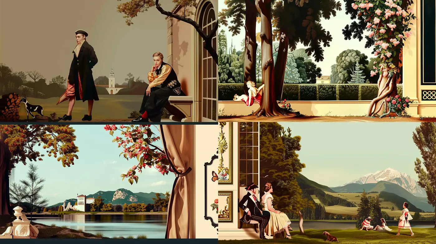 Pastoral Elegance in Sepia Tones: A Harmonious Blend of Neoclassical Composition and Romantic Serenity - Midjourney sref style