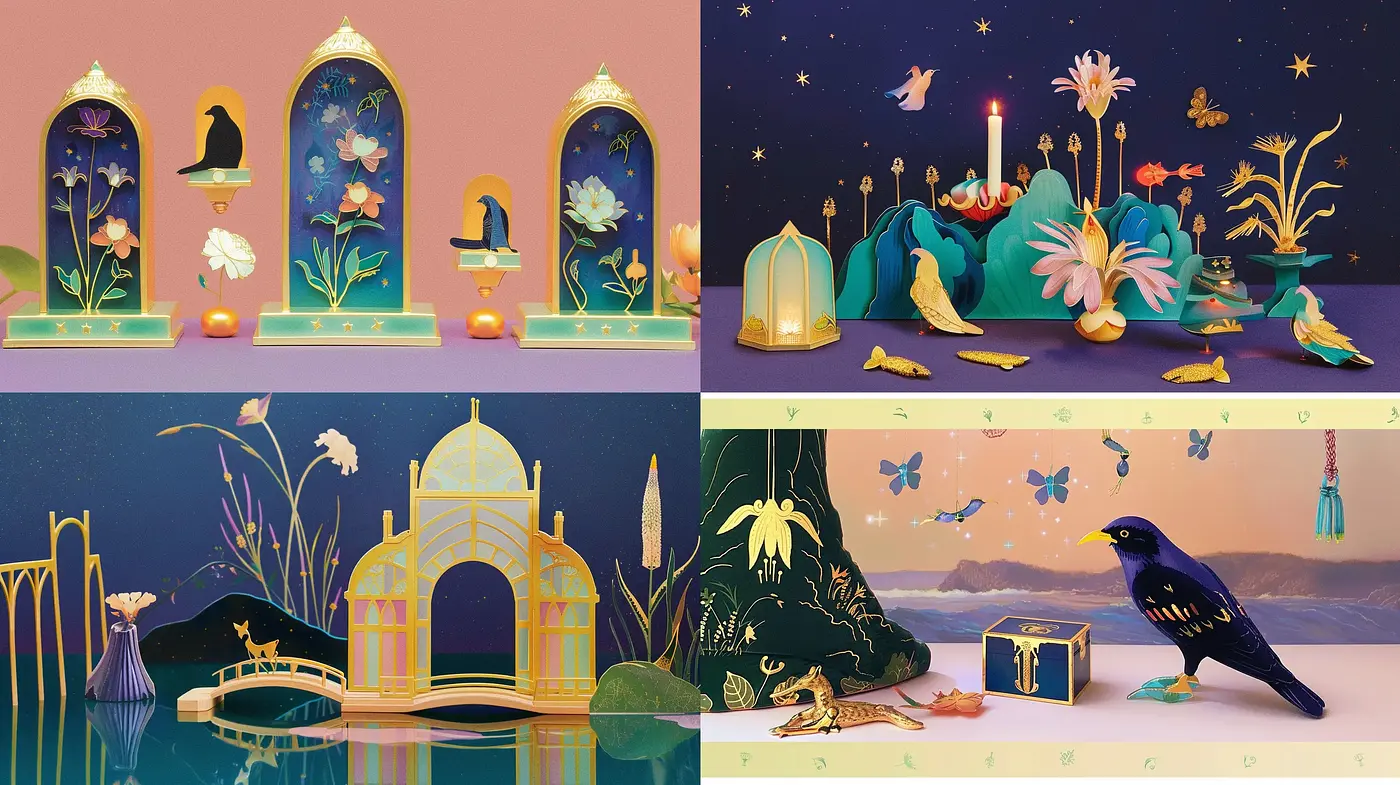 Enchanted Nocturnal Garden: A Harmonious Blend of Magical Realism and Art Deco Elegance - Midjourney sref style