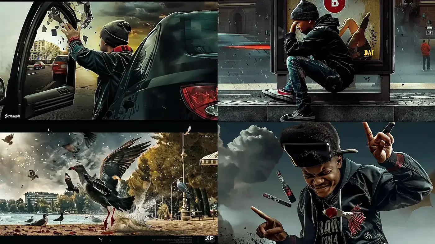 Dynamic Urban Surrealism with a Touch of Street Art - Midjourney sref style
