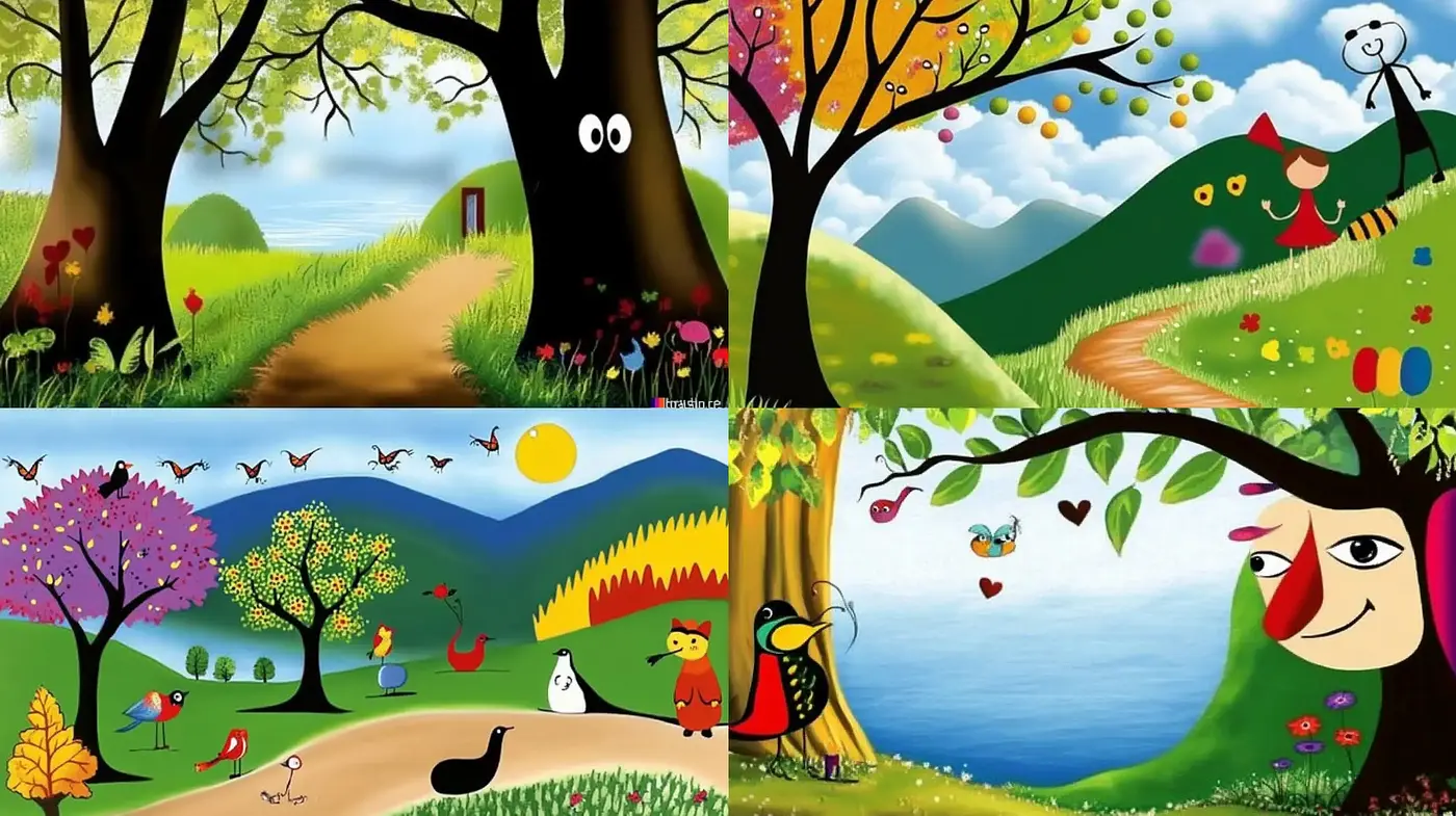Whimsical Nature Vistas with Stylized Cartoonish Embellishments - Midjourney sref style