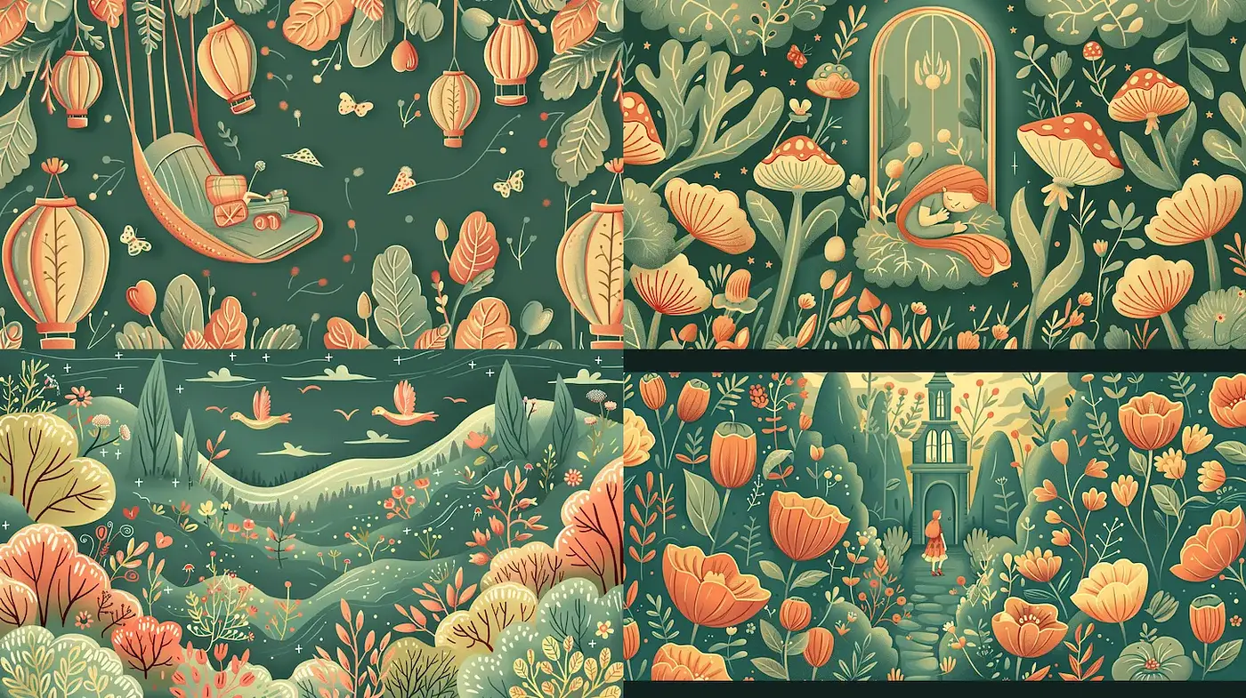 Whimsical botanical tapestry with intricate details and a serene atmosphere - Midjourney sref style