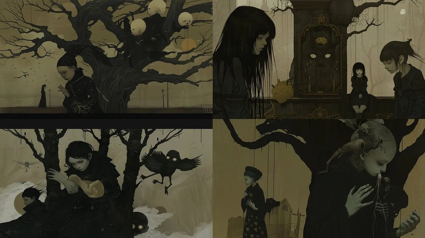 Monochromatic Melancholia: A Homage to Somber Elegance and Surreal Imaginations - Midjourney sref style