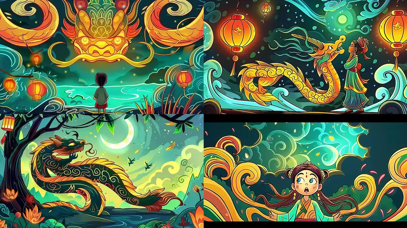 Vibrant, whimsical illustrations influenced by Eastern mythology and folklore - Midjourney sref style