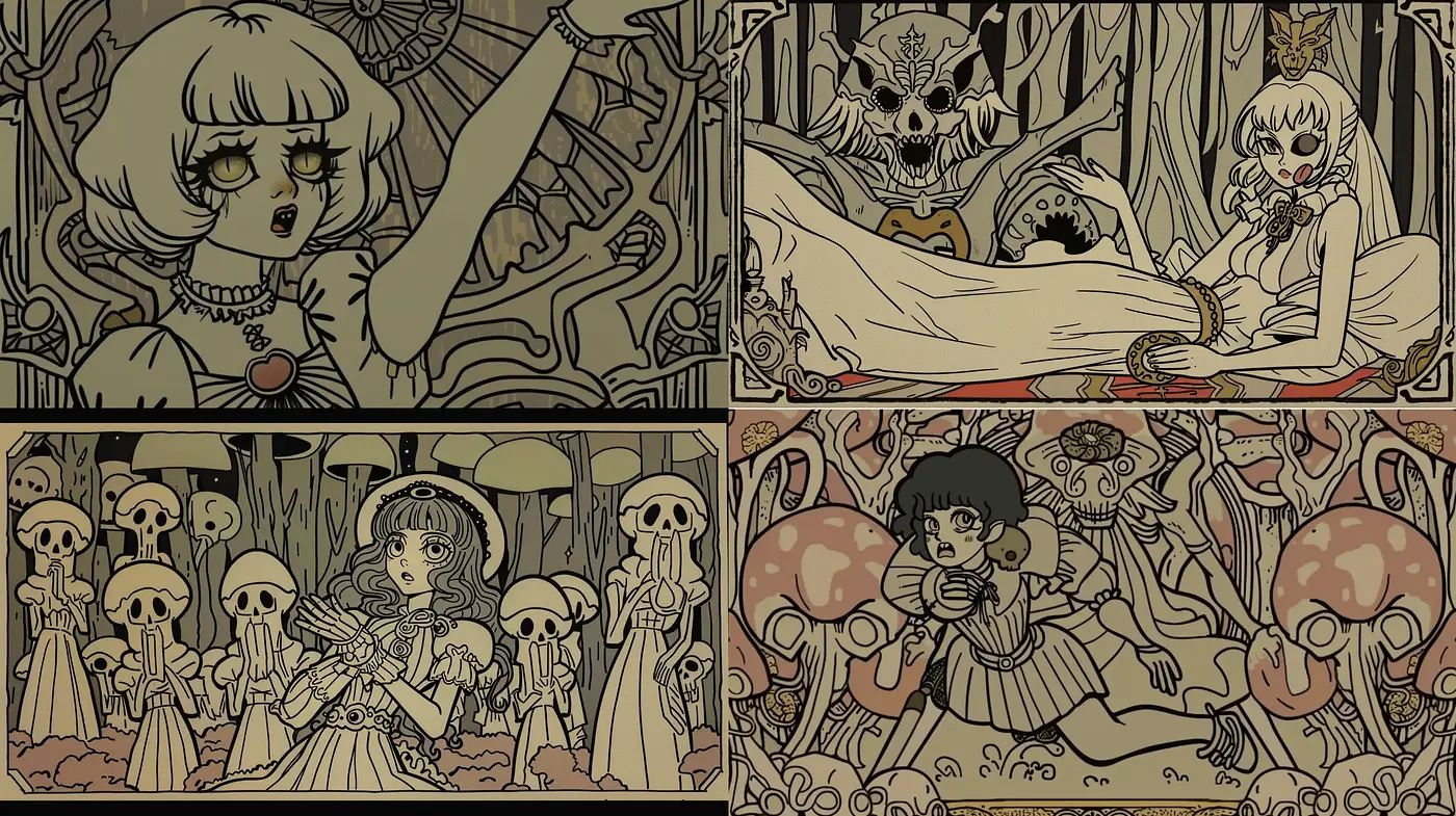 Gothic Whimsy: Sepia-Toned Macabre with an Illustrated Twist - Midjourney sref style