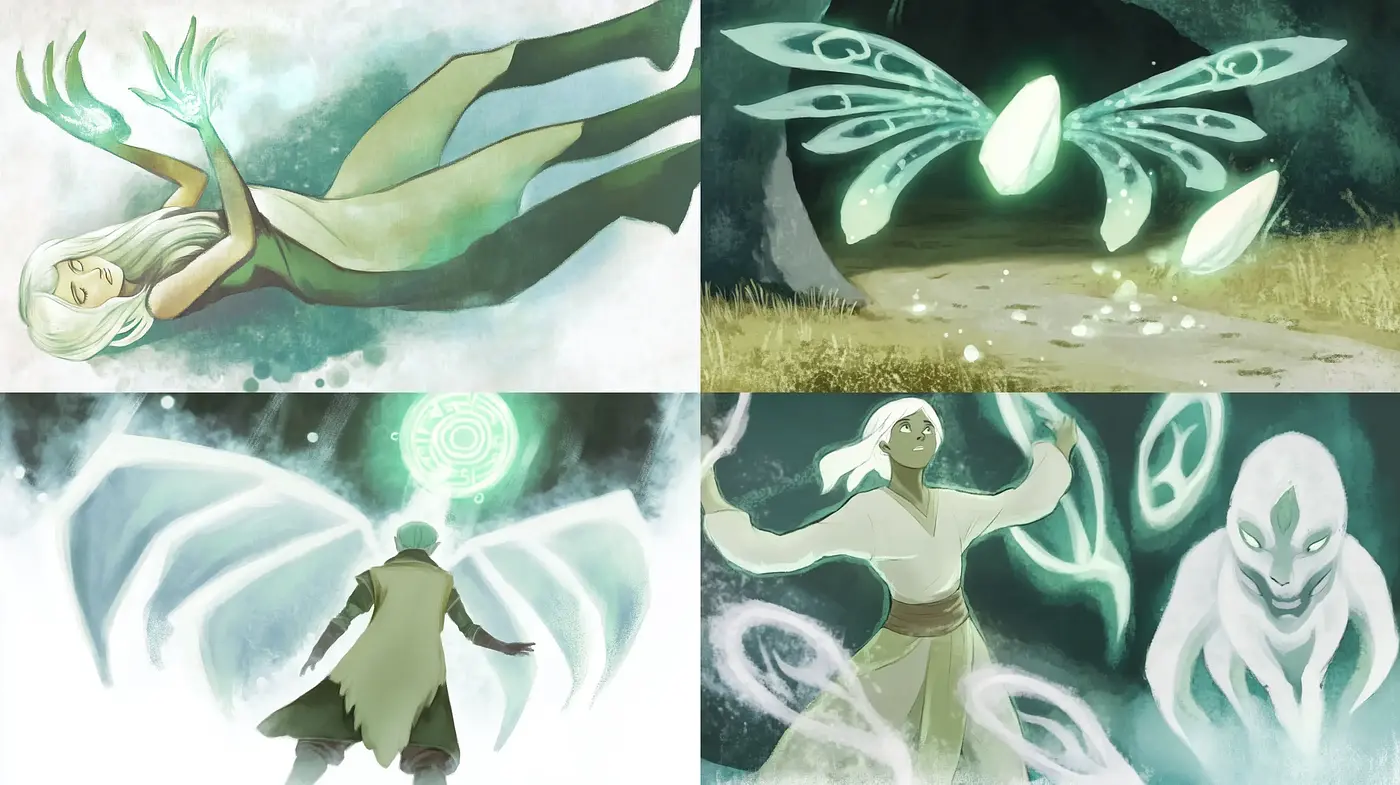 Ethereal Fantasy Illustration with Mystic Green Glow - Midjourney sref style