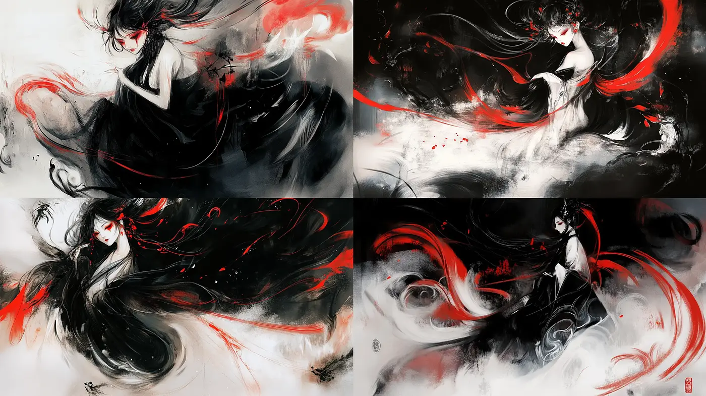 Ethereal Monochrome Elegance with Vivid Red Accents - Midjourney sref style