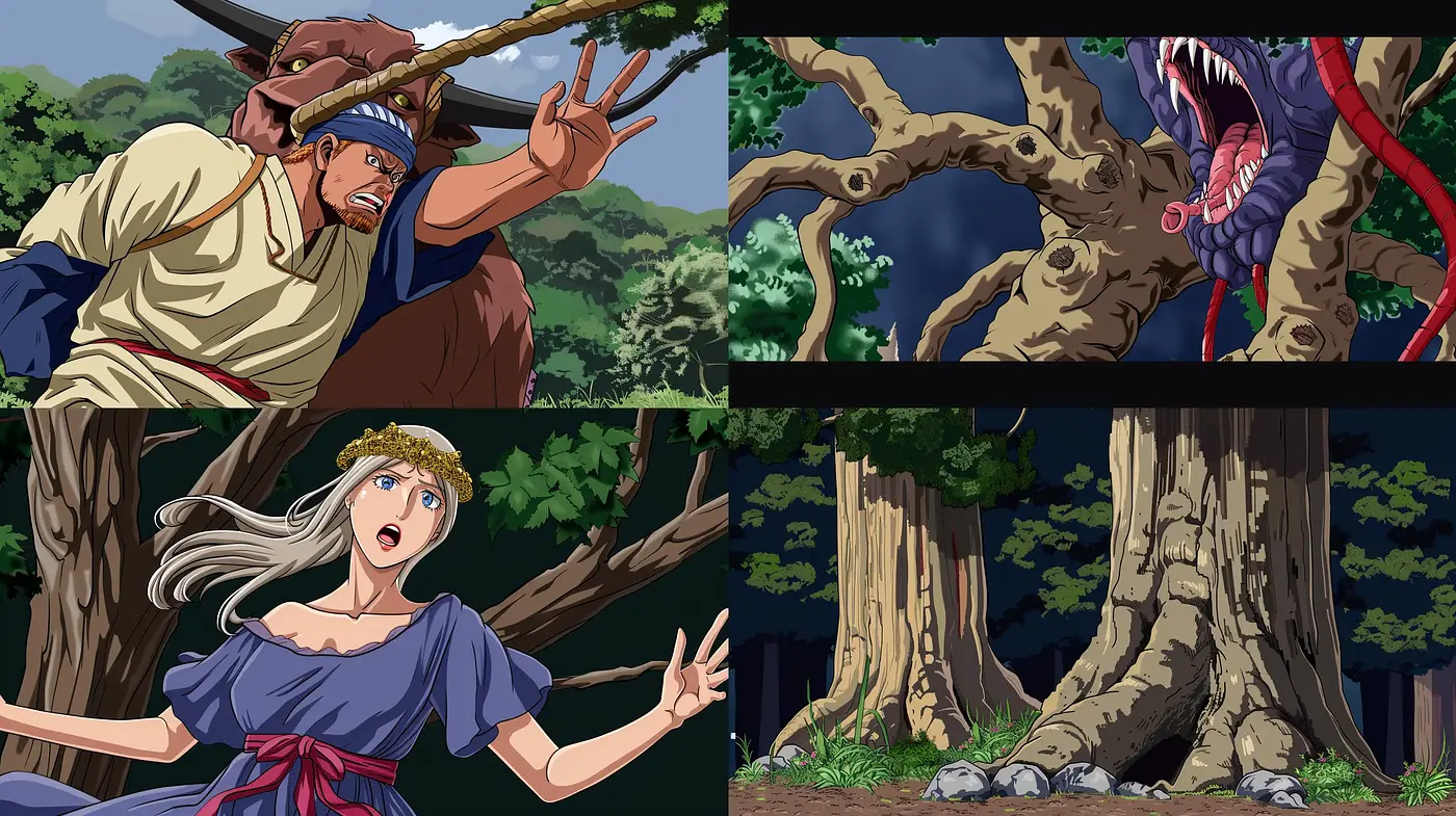 Dynamic Anime-Inspired Adventure Scenes with Vibrant Forest Backdrop - Midjourney sref style
