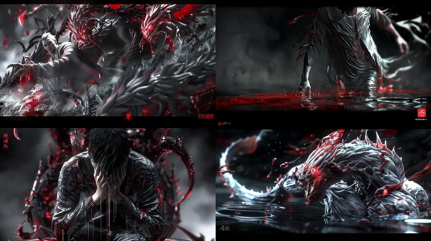 Ethereal Monochrome Dreamscape with Red Accents - Midjourney sref style