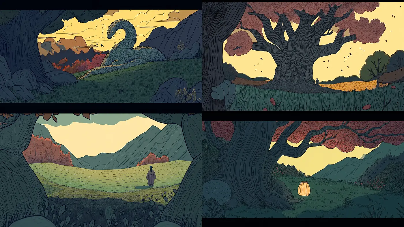Twilight Hues in Stylized Pastoral Landscapes - Midjourney sref style