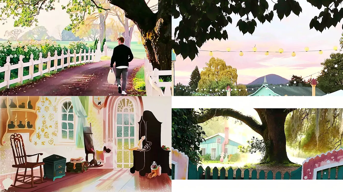 Idyllic Serenity in Stylized Pastel: A Harmonious Blend of Nostalgic Imagery and Soft Tones - Midjourney sref style