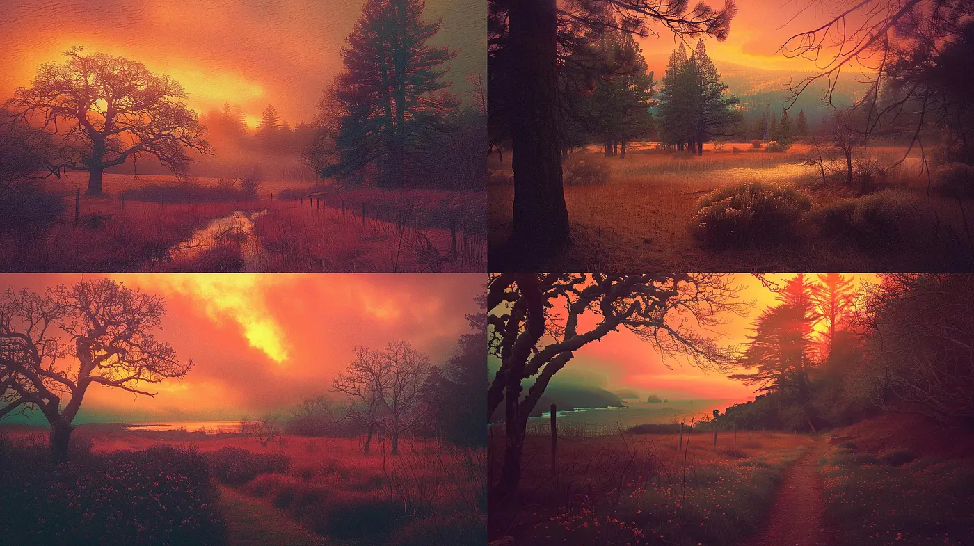 Warmly Diffused Twilight Ambiance in Painterly Landscapes - Midjourney sref style
