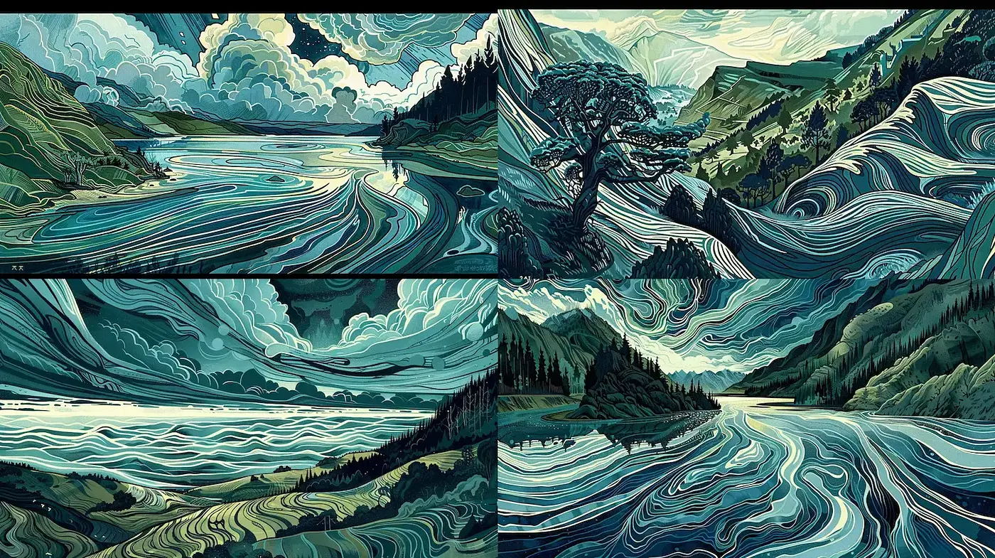 Fluid, dynamic landscapes with a serene yet vibrant essence - Midjourney sref style