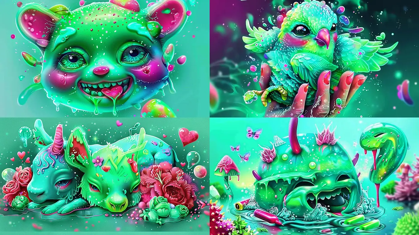 Surreal Psychedelic Dreamscape with Vibrant Creature Representations - Midjourney sref style