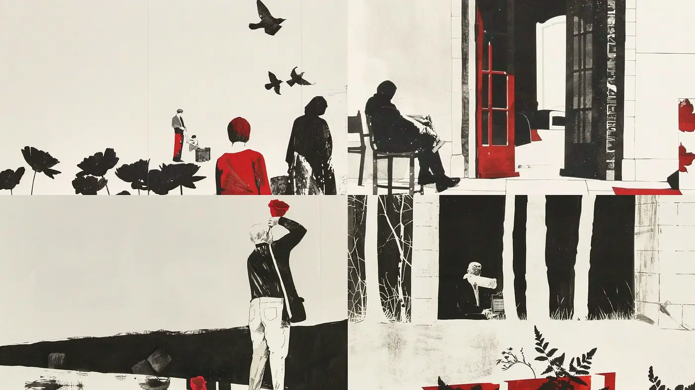 Stark Monochromatic Silhouettes with Bold Red Accents - Midjourney sref style