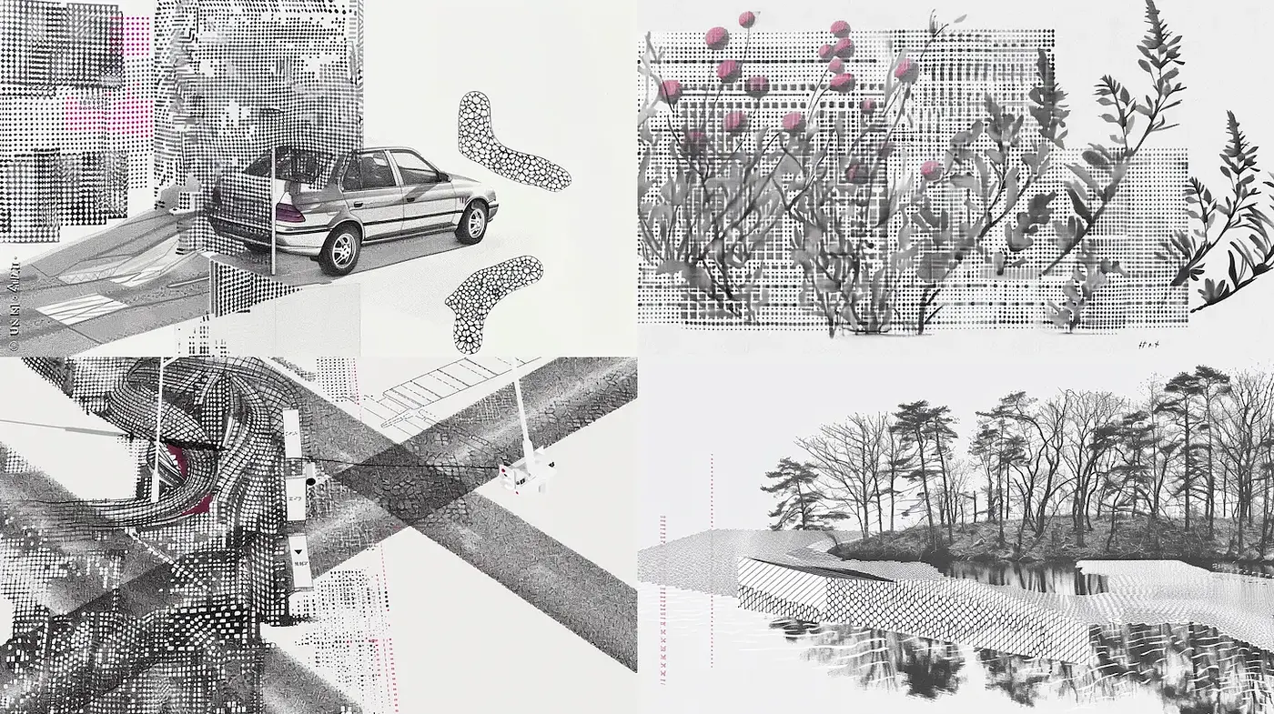 Stylized monochrome landscapes and urban scenes with a modernist touch - Midjourney sref style