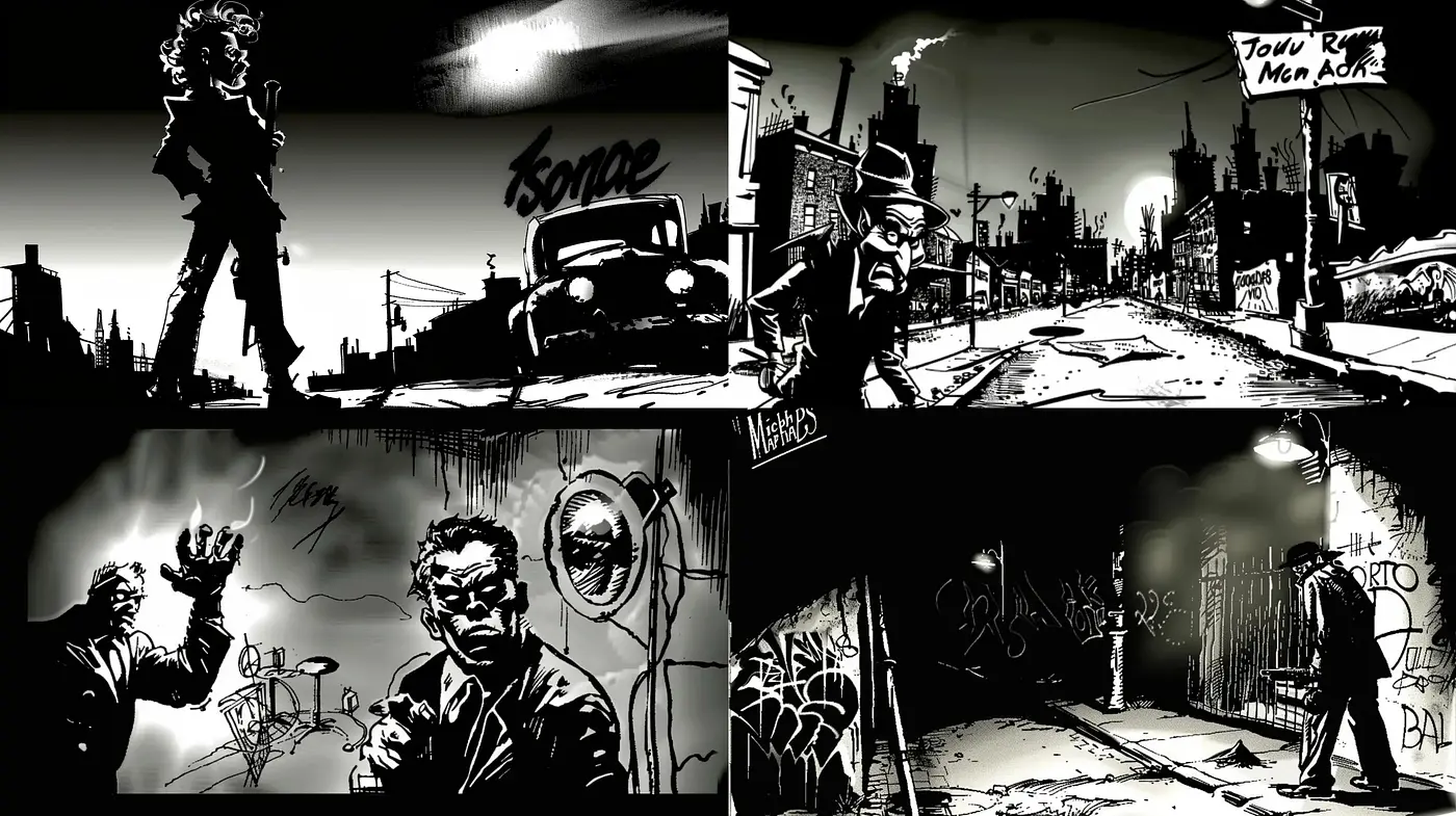 Noir-Inspired Monochromatic Expressionism with Urban Graffiti Overlay - Midjourney sref style