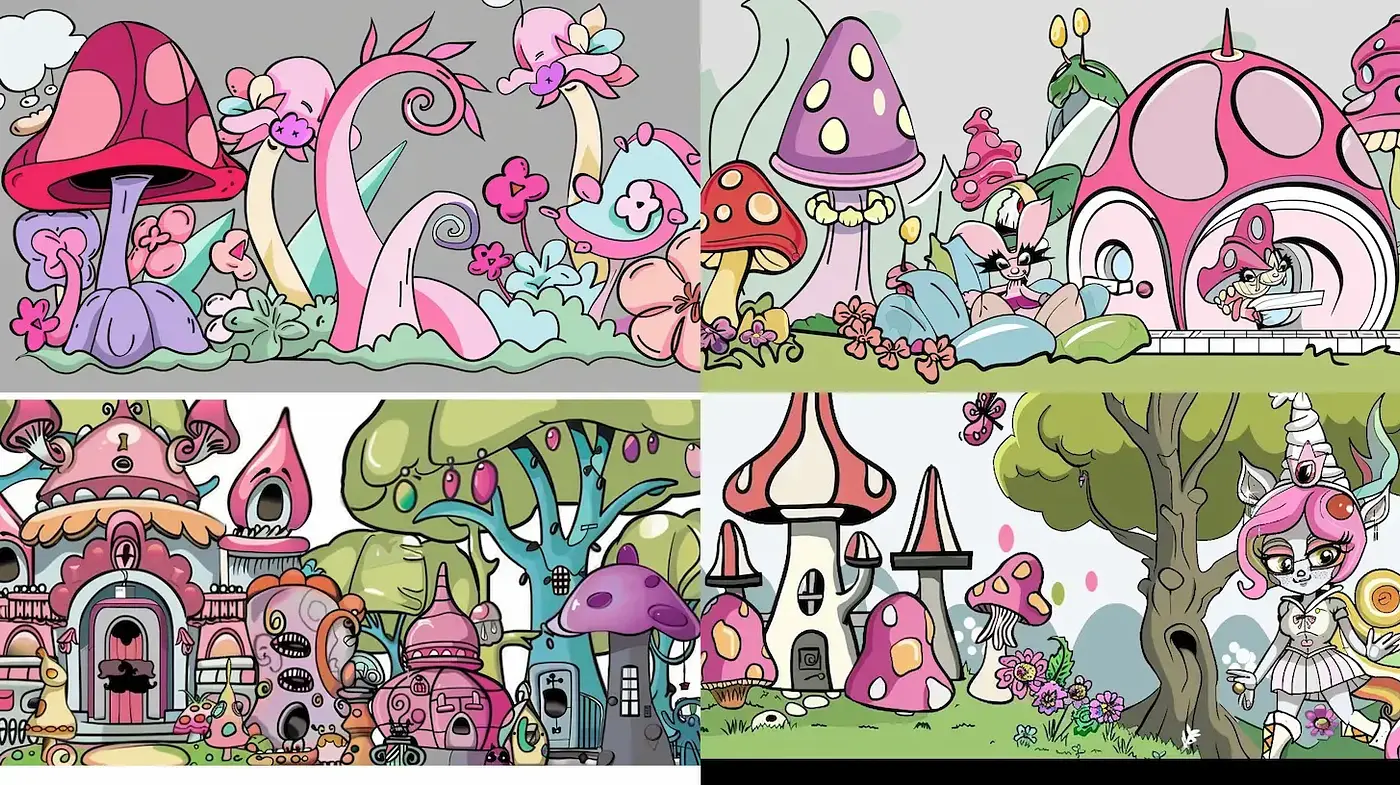 Whimsical and Playful Fantasy Landscape with Consistent Style Elements - Midjourney sref style
