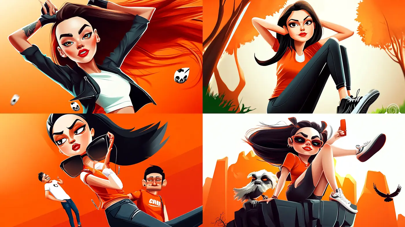 Vibrant Animated Adventure with Consistent Warm Oranges and Dynamic Character Poses - Midjourney sref style
