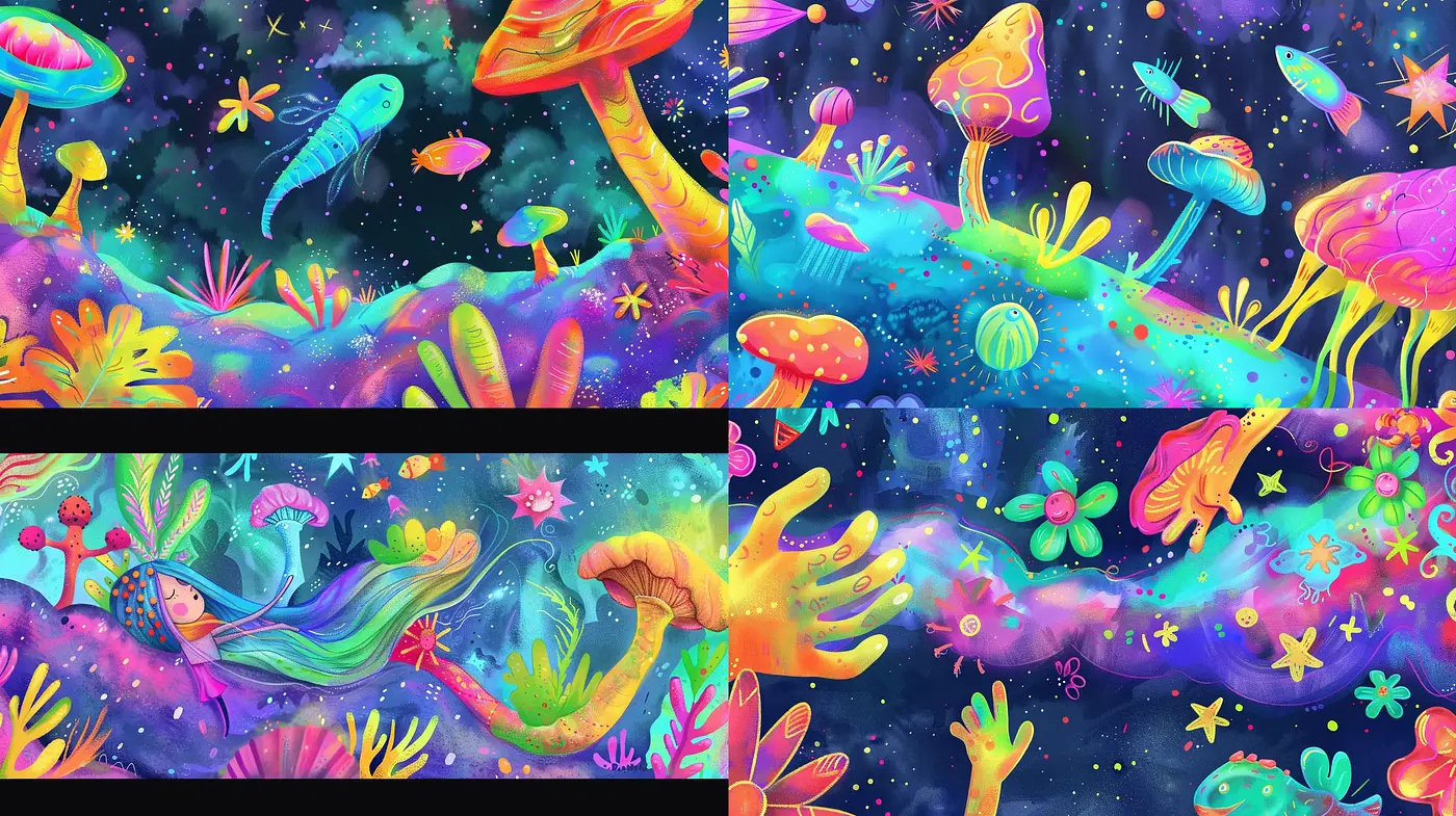 Psychedelic Dreamscape: A Vibrant Synthesis of Fantasy and Neon Glow - Midjourney sref style