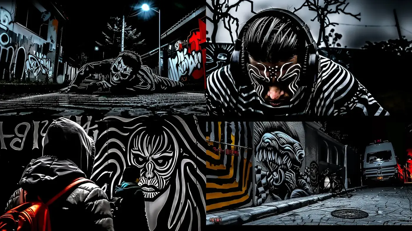 Urban Street Art with Distinctive Patterns and Dramatic Lighting - Midjourney sref style