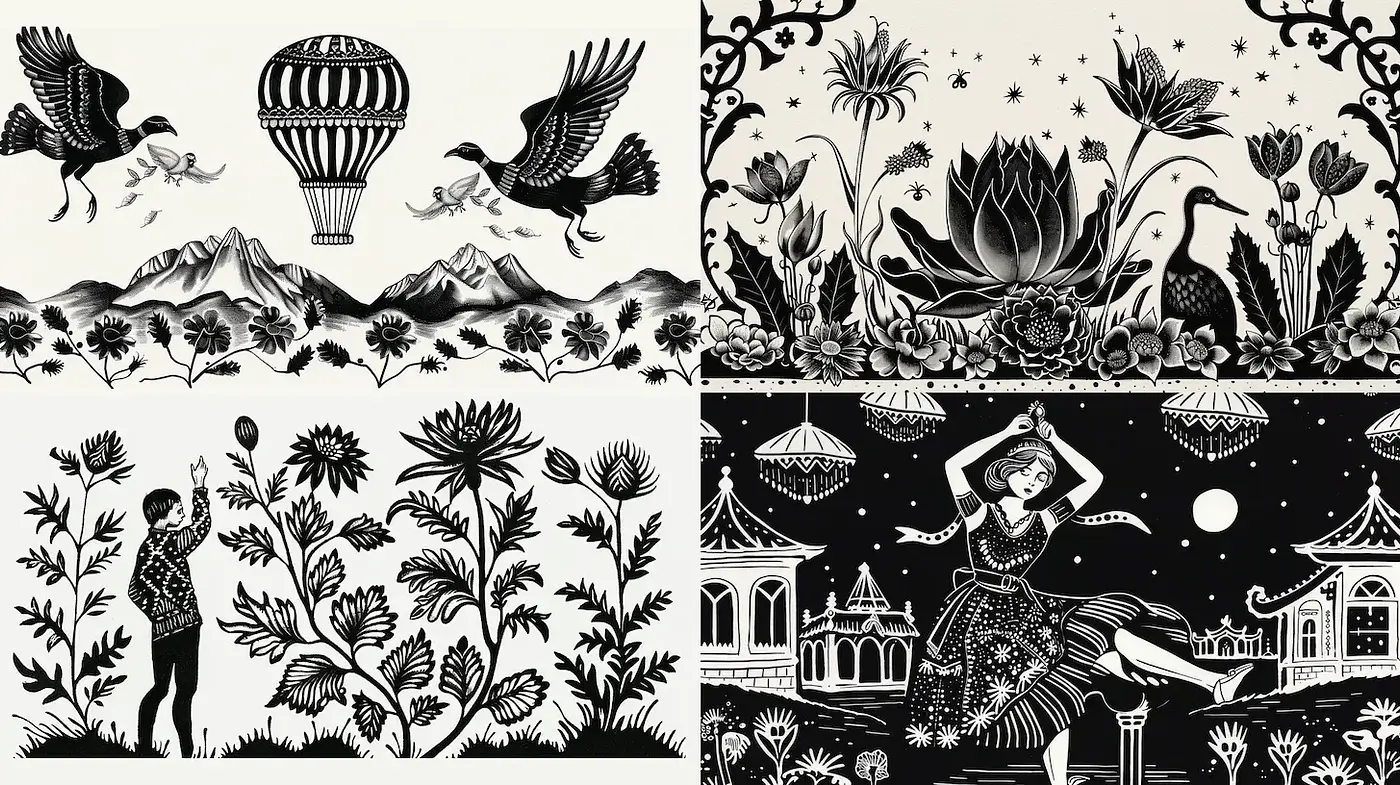Whimsical monochrome nature-inspired illustrations with detailed motifs - Midjourney sref style