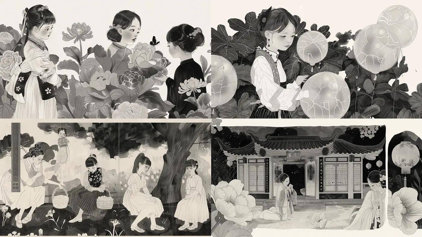 Monochromatic Elegance: Serene Tales in Grayscale Illustration - Midjourney sref style